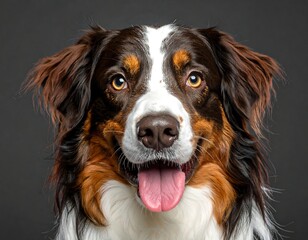 A close-up portrait of a happy dog with a white, brown, and black coat (1)