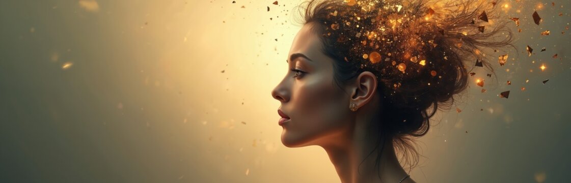 Woman face in profile with golden shards exploding from her head. Abstract concept of mind and imagination. Futuristic digital art with glowing particles.
