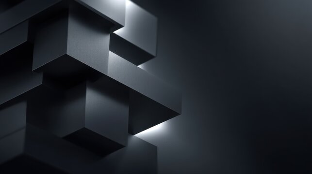 Abstract geometric design featuring stacked rectangular blocks with smooth surfaces and dramatic lighting in moody grayscale tones