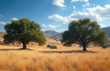 Fototapeta premium Two large oak trees stand in a golden dry grass field. Mountains rise in the background under a blue sky with white clouds. This landscape suggests a warm summer day in a rural setting.
