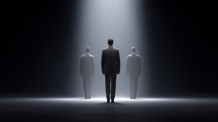 Obraz premium Mysterious Businessmen in Dark Space with Dramatic Light Highlighting Shadows and Figures, Evoking Themes of Isolation and Power Dynamics
