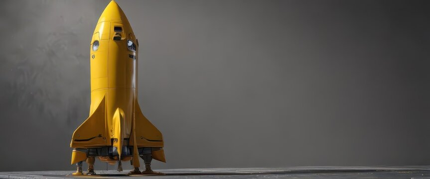 Vibrant yellow rocket ship poised for vertical ascent on launchpad against stark gray backdrop,  spaceship,  space