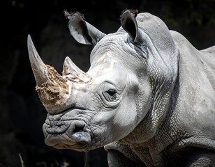 A close-up portrait of a rhinoceros with damaged horn
