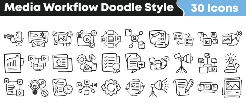 Collection of thirty hand drawn media workflow icons illustrating content creation production editing and distribution processes
