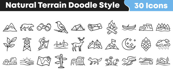 Thirty distinct hand drawn doodle style icons representing various natural terrain elements perfect for outdoor adventure themes © Vectoravec