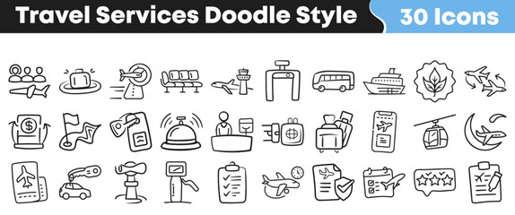 Naklejka premium Collection of thirty hand drawn travel services doodle style icons representing various transportation booking and hospitality elements