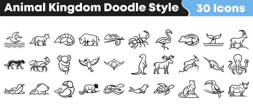 Collection of thirty distinct black and white doodle style icons representing diverse animals from various habitats across the globe