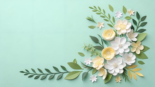 Elegant arrangement of delicate paper flowers and green foliage on a mint background