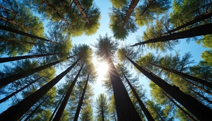 Looking up through tall conifer trees towards bright sunlit blue sky. Evergreen branches form canopy overhead. Nature scene shows forest growth in daytime.