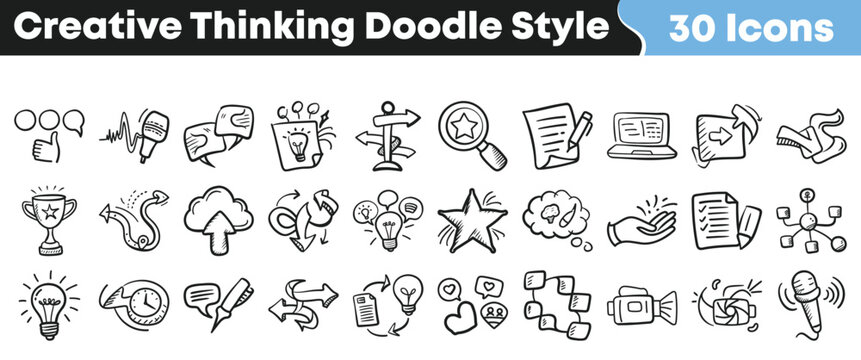 A collection of thirty hand drawn doodle style icons representing creative thinking processes strategy planning and idea generation