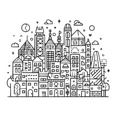 Obraz premium Fantasy Cityscape with Buildings and Clouds in Black and White