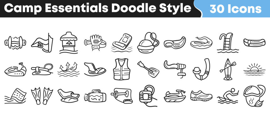 Thirty hand drawn doodle style icons representing various essential equipment for summer camping and exciting water activities are displayed together.