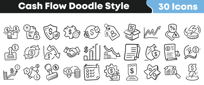 Collection of thirty hand drawn doodle style icons representing various concepts related to finance cash flow investment and business transactions