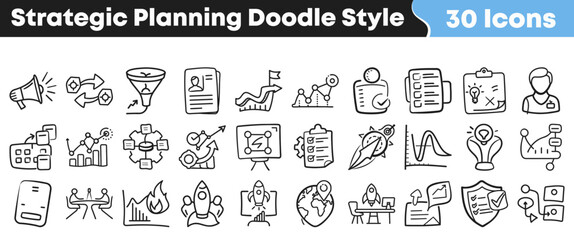 A collection of thirty hand drawn strategic planning doodle style icons representing business development goal setting and creative processes © Vectoravec