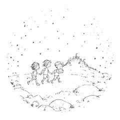 Naklejka premium Two Children Walking Hand in Hand towards Castle under Starry Night Sky
