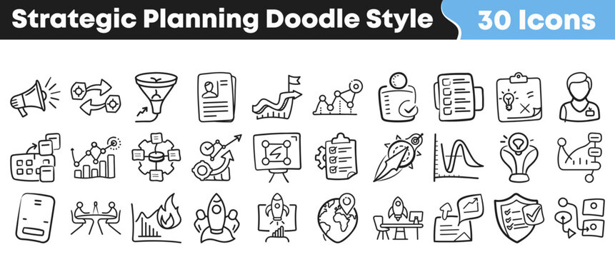 A collection of thirty hand drawn strategic planning doodle style icons representing business development goal setting and creative processes