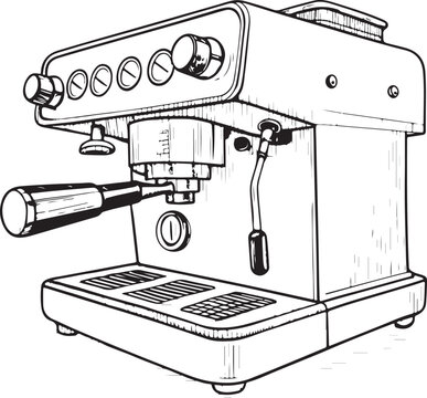 Espresso machine Hand-drawn Sketch Drawing Vector Illustration, Line Linear Symbol Engraving Coloring Book, Black and White Isolated