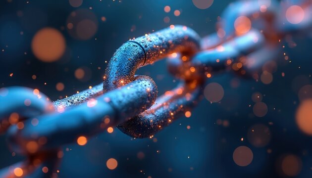 Metal chain links with orange sparks on blue background. Strong connection, digital network security, or technology concept. Futuristic abstract energy.