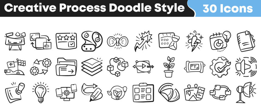 Collection of thirty hand drawn creative process doodle style icons representing brainstorming development and final execution stages