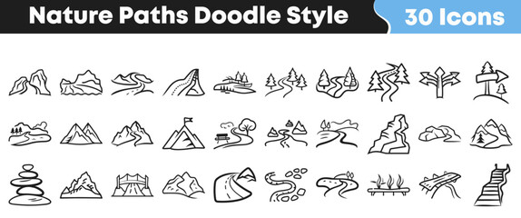 Collection of thirty hand drawn nature paths trail road signs mountains and landscape elements in a doodle style © Vectoravec