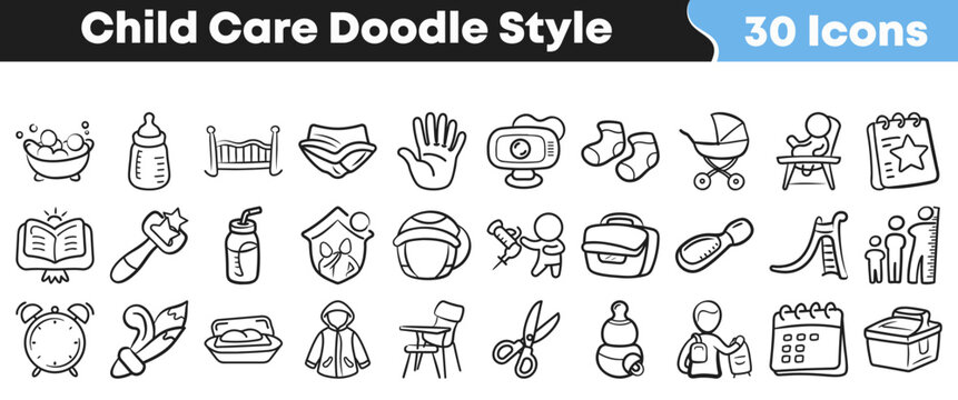 A comprehensive set of thirty hand drawn doodle style icons representing various aspects of essential child care and early childhood development needs