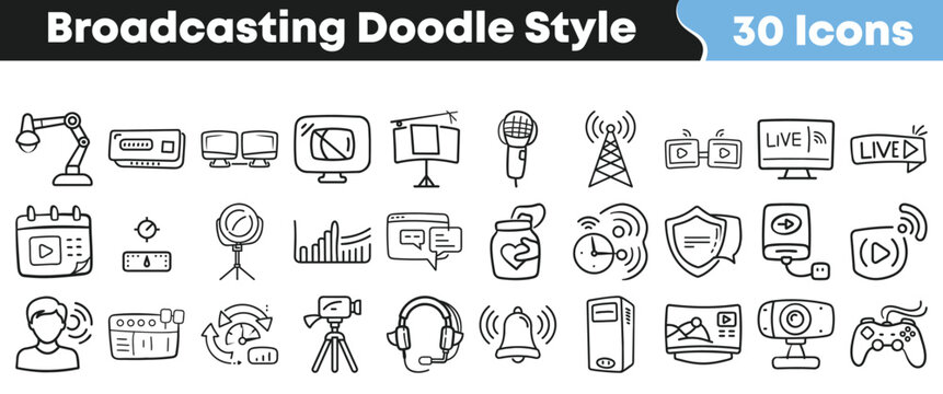 Collection of thirty hand drawn doodle style icons representing various broadcasting technology equipment and live streaming concepts for digital media projects.