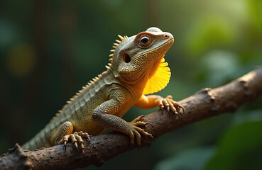 Fototapeta premium Close up of a lizard on a branch, sunlit throat flap. This reptile with spiny crest lives in tropical forests, displays unique colorful skin patterns and textures.