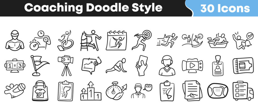 Set of thirty hand drawn doodle style coaching and sports activity icons representing training performance evaluation and recovery elements