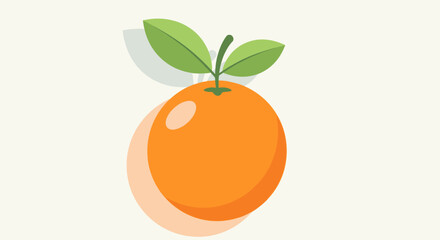 Minimalist Illustration of an Orange with Green Leaves and Soft Shadow Effect