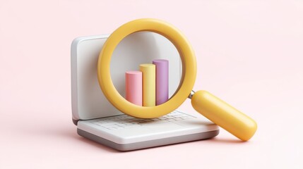 3D Illustration of a Magnifying Glass Over a Laptop Showing Colorful Bar Graphs on a Soft Pink Background, Representing Data Analysis and Research
