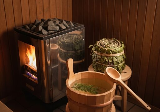 A warm wooden sauna showcases a glowing heater, water bucket with spruce twig, and rolled birch whisk, capturing relaxation and wellness for spa brochures or lifestyle promotions.