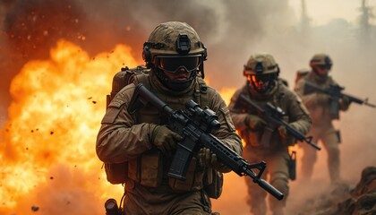 Naklejka premium Special forces soldiers advance through smoke, fire during combat operation. Fighters wear tactical gear, carry rifles. Military unit moves in battle zone. Group of armed men. War scene. Chaos,