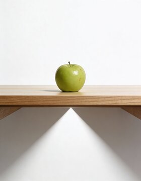 Green apple centered on wooden table with minimal white background and natural light
