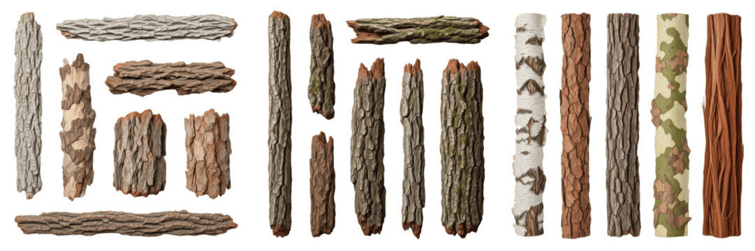Large collection of various tree bark textures and wooden logs, different wood types including oak, pine and birch, natural timber elements, isolated on white background.
