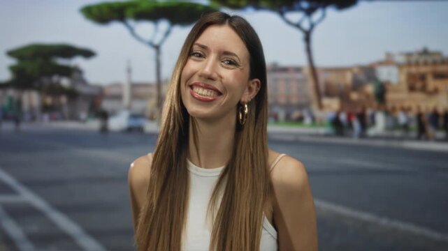 Young woman in white tank top with long brown hair sticks tongue out on urban street; cheeky playful attitude.