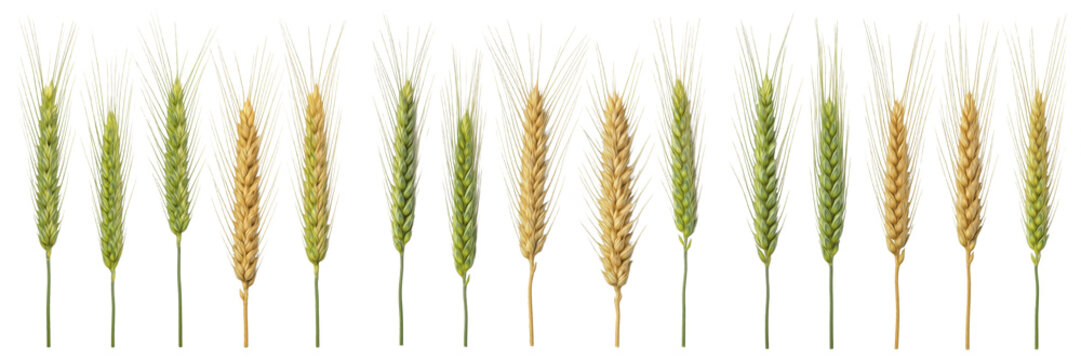 Border of fresh green and golden wheat ears in a row, cereal grain transition, agriculture and harvest concept, isolated on white background.