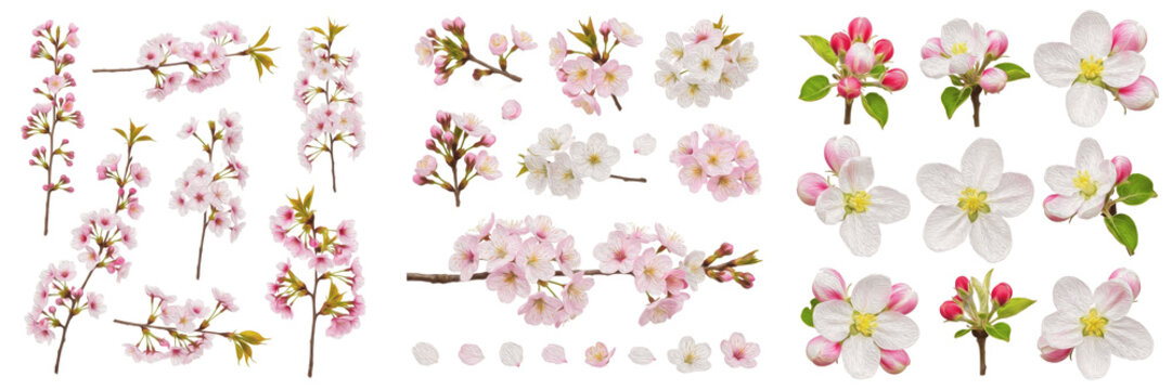 Collection of beautiful pink cherry blossoms and apple tree flowers, spring floral elements with buds and branches, isolated on white background.