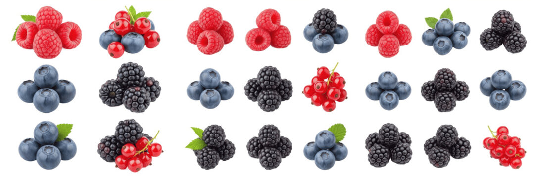 Various Fresh Berries Set with Raspberry Blueberry Blackberry and Red Currant Isolated on White Background for Healthy Diet and Food Design