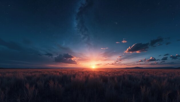Horizon view of vast dry grass field during sunset. Sun sets low in sky, clouds glow orange pink. Stars and milky way visible in deep blue night sky above.