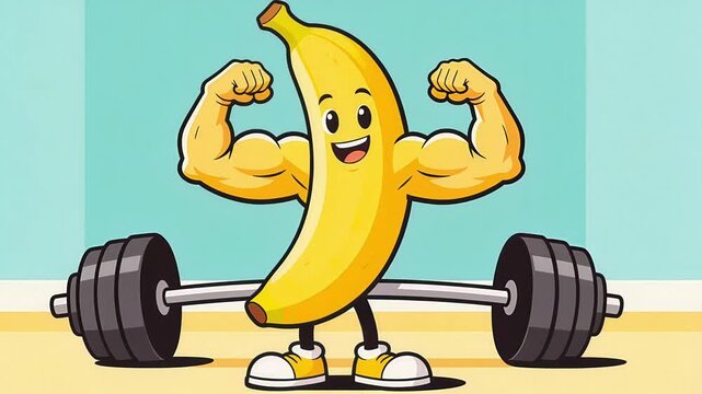 Strong Banana Cartoon Character Flexing Muscles with Barbell.