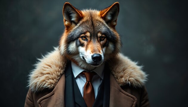Anthropomorphic wolf wears business suit and fur coat. Serious animal stares ahead, representing power, intelligence, and ambition. Canine leader with sharp gaze, ready for corporate challenges.