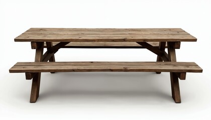 Old wooden picnic bench. Rustic outdoor furniture, weathered wood texture, vintage style table for park, garden or patio. Sturdy design for exterior use.