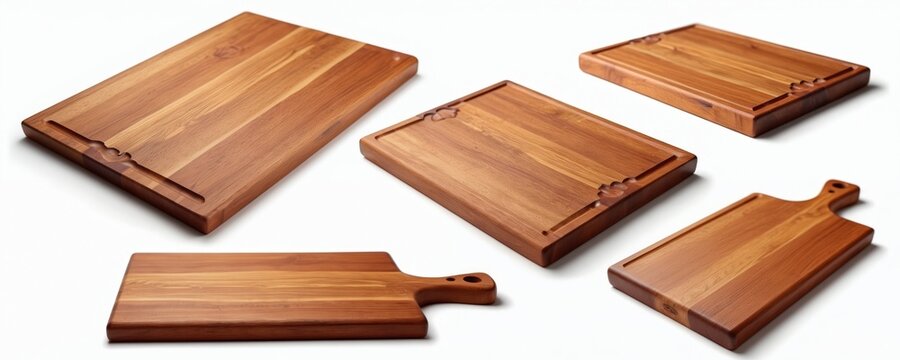 Various wooden chopping boards displayed against white background. Different shapes, sizes of wood cutting surfaces with carved juice grooves, handles. Ready for culinary use, food prep, kitchen