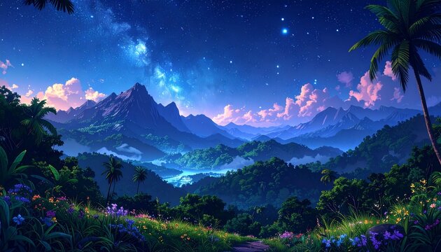 Majestic Mountain Landscape at Twilight with Milky Way Galaxy and Palm Trees