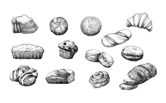 Pastry and Bakery Line Art Sketch Set with Hand Drawn Hatching and Cross Hatching Style in transparent background 