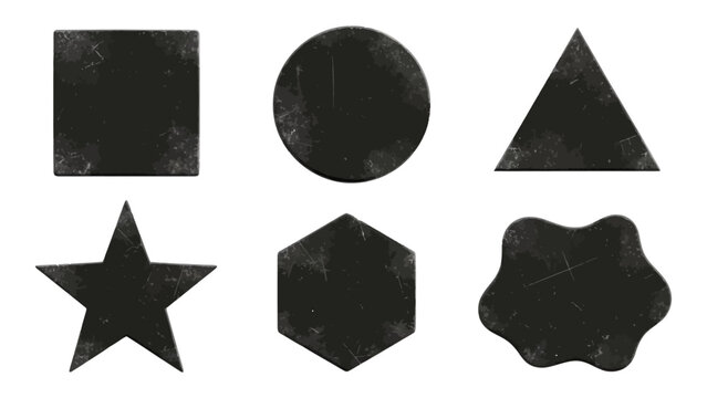Black distressed shapes set square circle triangle star hexagon abstract vintage elements isolated vector illustration.