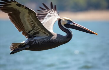 Fototapeta premium Brown pelican flies over blue water, its wings spread wide. Large bird with long beak glides through air above the sea, showing detailed feathers. Wildlife scene with avian flight.