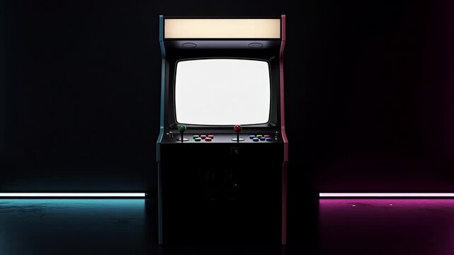 Retro Arcade Machine with Blank Screen and Neon Lights.