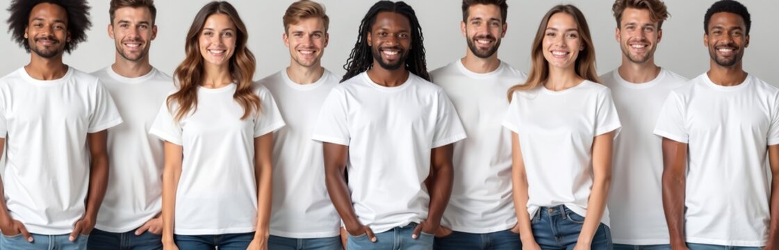 Diverse group of smiling people wear blank white t shirts in studio setting. Friends show empty shirts for customization graphic design or logo print. Casual wear collection.