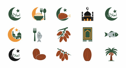 Ramadan Spiritual Essentials Icons Set Illustration featuring Mosque, Dates, Crescent, Palm, and Star